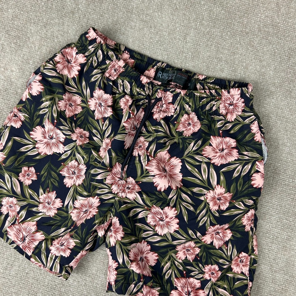 Refinery Republic Swim Shorts Men Medium Blue Floral Mesh Lined Drawstring Beach